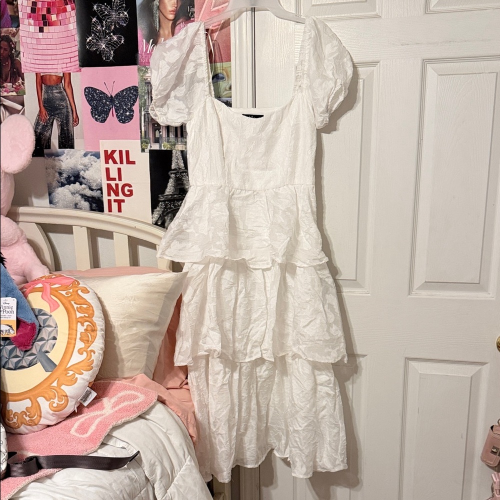 Lulu’s Mesmerizing Sweetheart Ivory Jacquard Puff Sleeve Midi Dress